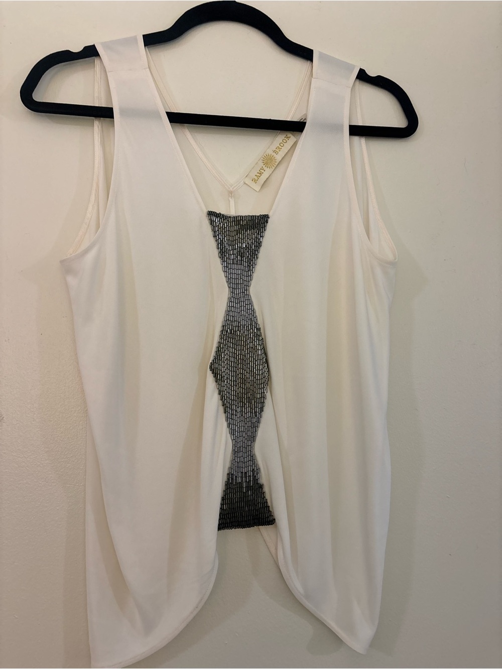 Ramy Brook White Sleeveless Tank with Silver Beaded Front Panel
